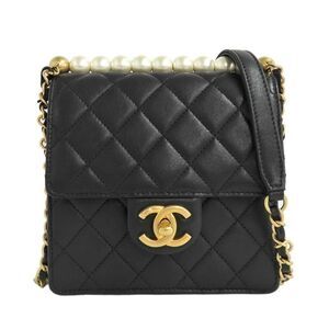 Chanel Flap Bag With Faux Pearl Chain Shoulder Bag Matelasse Black